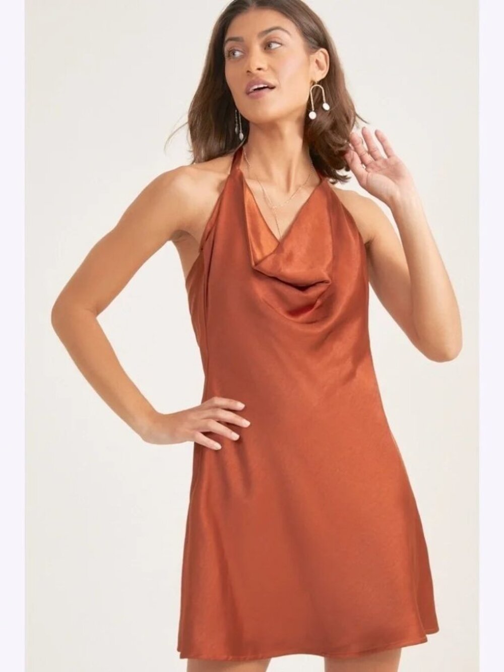 Altar'd State Copper Satin Cowl Neck Halter Mini Dress Open Back | Size S